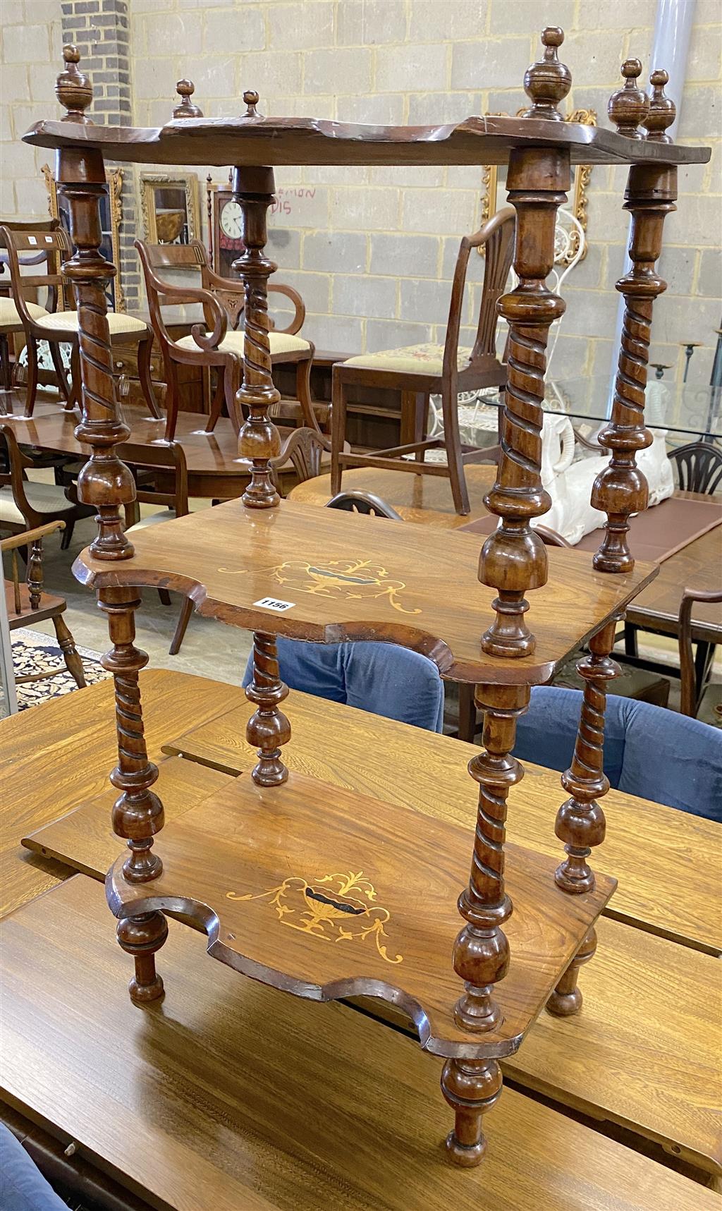 A Victorian marquetry inlaid walnut three tier whatnot, width 50cm, depth 34cm, height 97cm